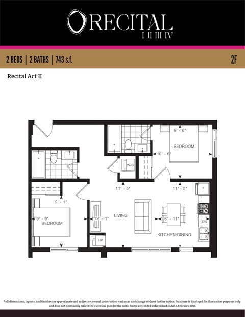 Floor plan for 2 beds, 2 baths, 743 sqft